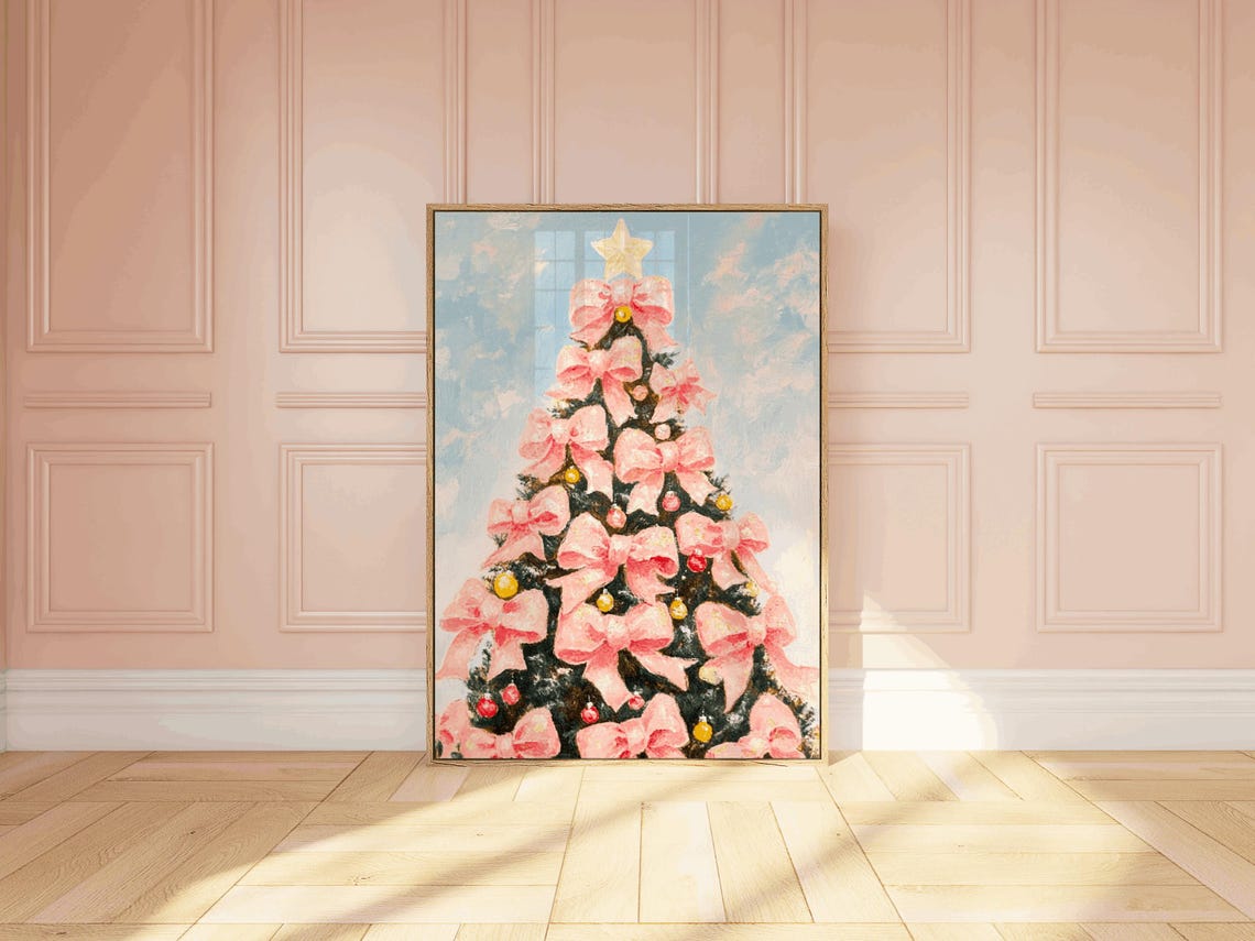 Girly Pink Bow Christmas Tree Star Topper Pastel Holiday Poster