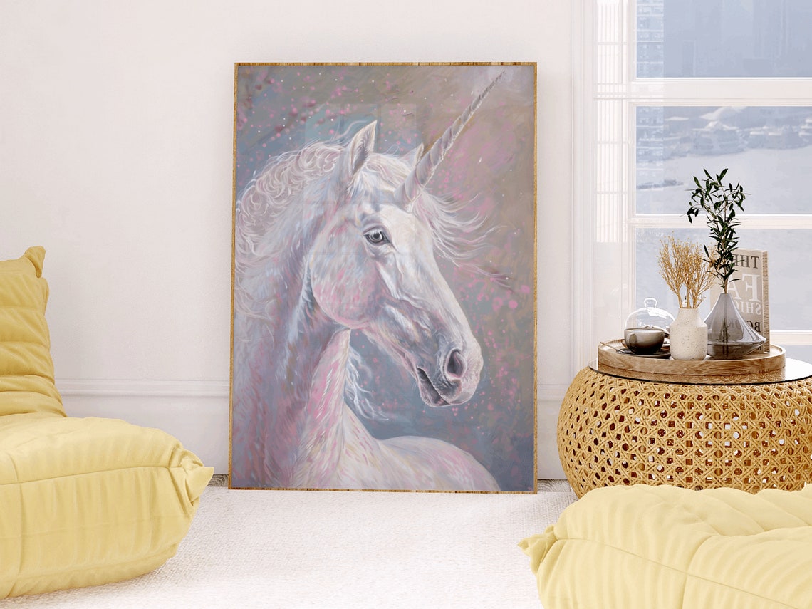 White Unicorn Head Pastel Portrait Magical Fantasy Art Print - Image 2