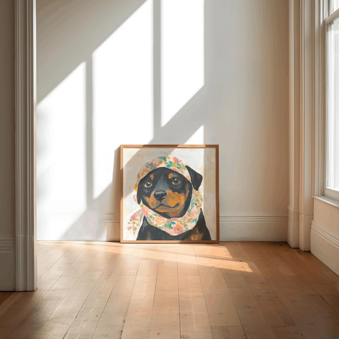 Adorable Rottweiler Puppy In Floral Babushka Portrait Poster