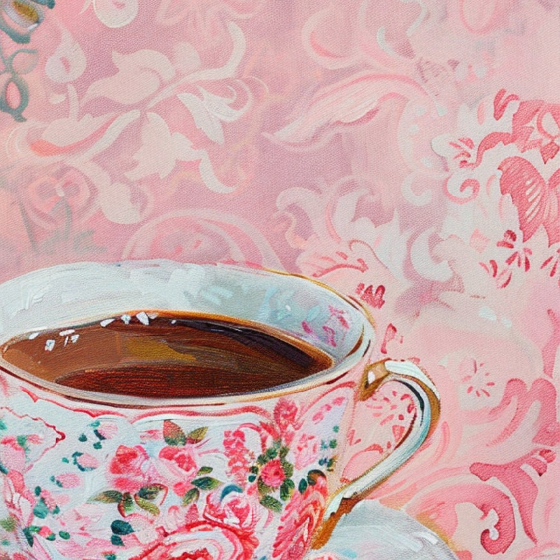 Pink Chinoiserie Teacup Floral Still Life Painting Art Print - Image 3