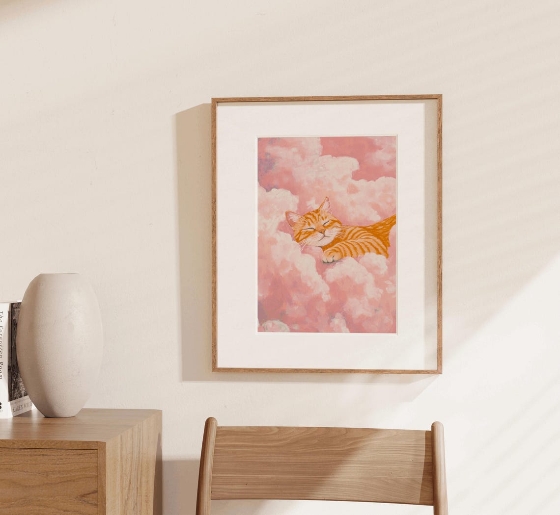 Ginger Tabby Cat Sleeping Pink Clouds Dreamy Watercolor Wall Art - Image 3