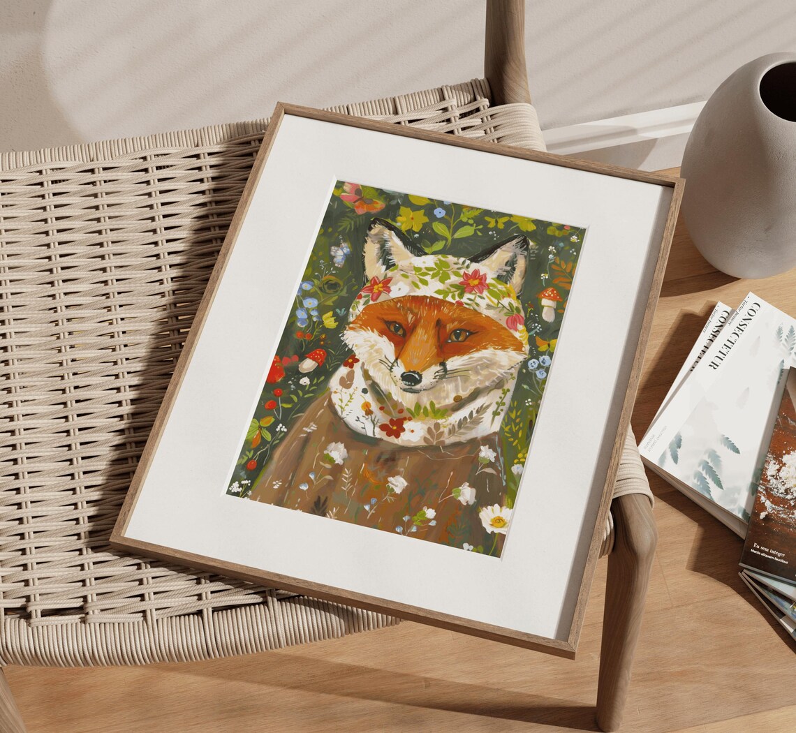 Cute Red Fox Wearing Floral Babushka Woodland Mushroom Poster - Image 4