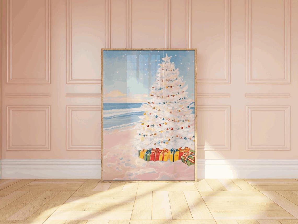 White Christmas Tree Beach Ocean Coastal Holiday Scene Poster