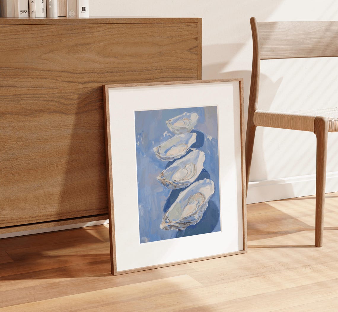Four Stacked White Oyster Shells Deep Blue Background Poster - Image 2