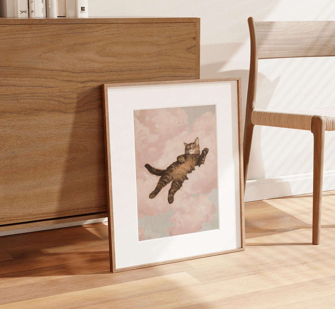 Brown Tabby Cat Floating Pink Clouds Dreamy Watercolor Wall Art