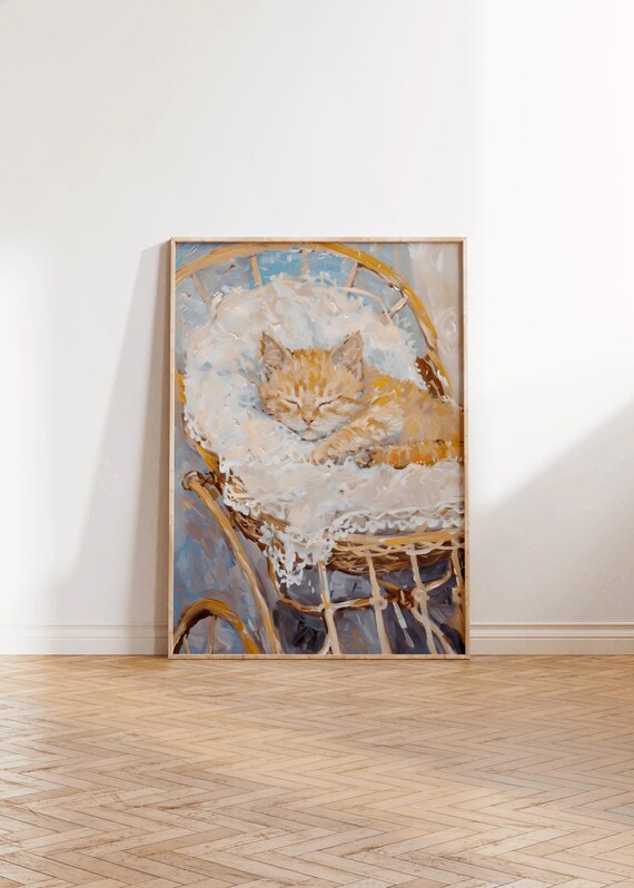Ginger Kitten Sleeping in Wicker Pram Cottagecore Cat Art Print