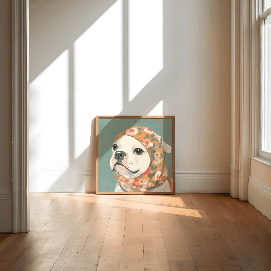 Adorable White English Bulldog Floral Babushka Portrait Poster