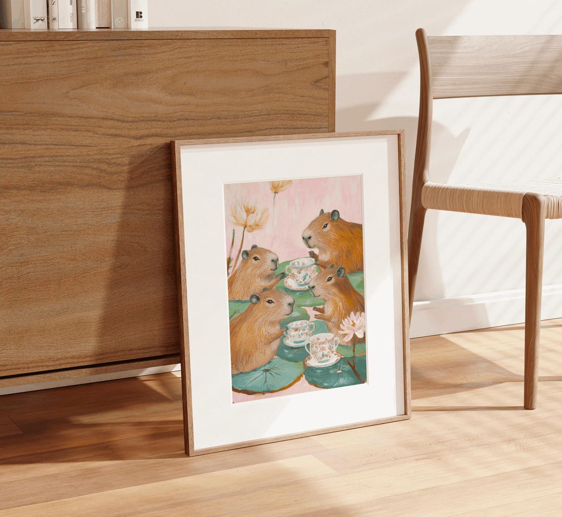 Cute Four Whimsical Capybaras Tea Party On Pink Lily Pads Poster - Image 4