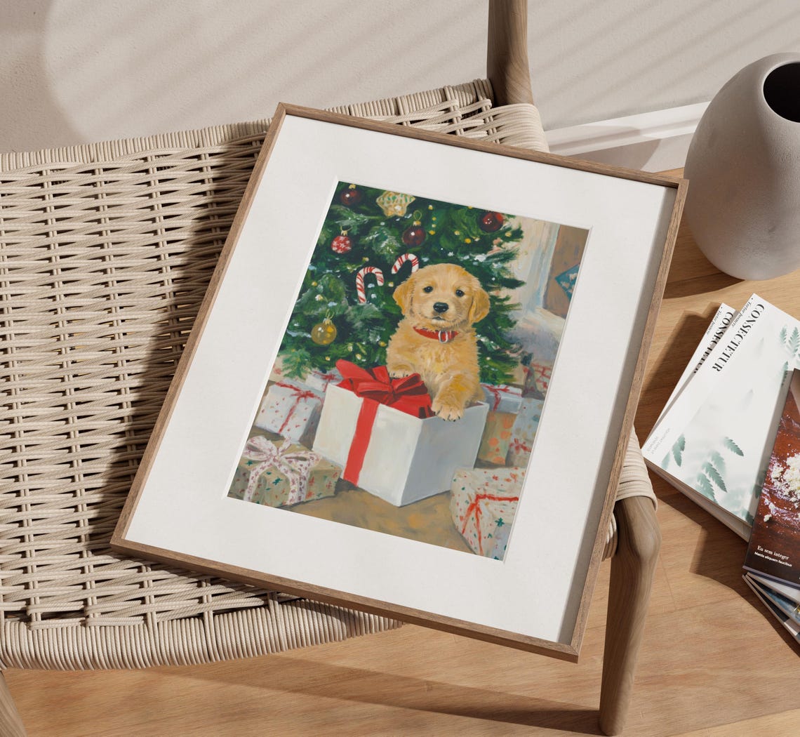 Golden Retriever Puppy Sitting in Gift Box by Christmas Tree Poster - Image 2