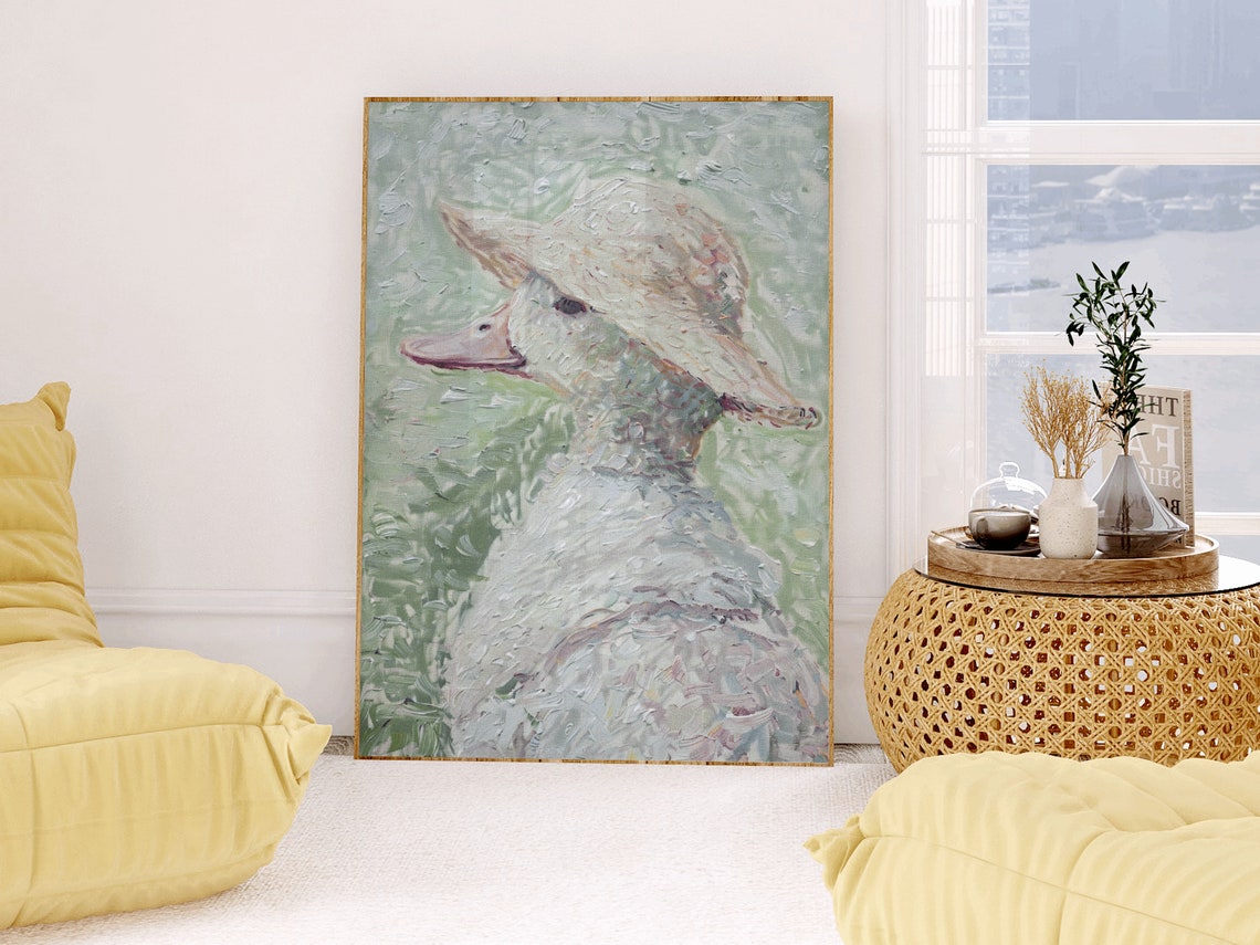 White Duck in Straw Hat Garden Portrait Vintage Nursery Art Print - Image 2