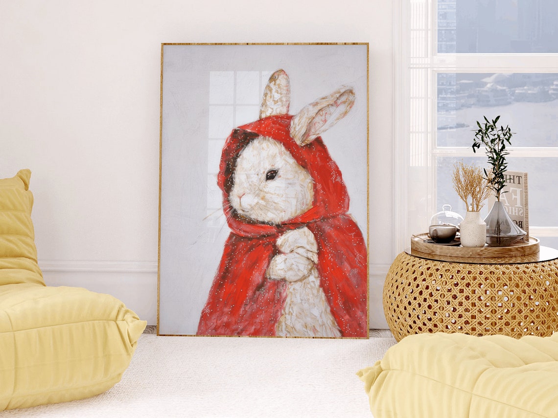 White Bunny in Red Riding Hood Cloak Woodland Nursery Art Print - Image 2