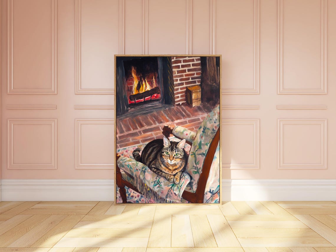 Brown Tabby Cat on Floral Chair by Brick Fireplace Art Poster - Image 3