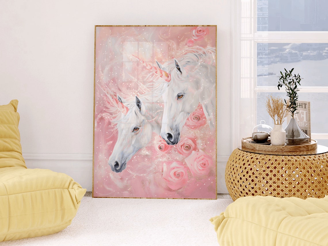 Two Sparkling White Unicorns with Pink Roses Fantasy Art Print - Image 2