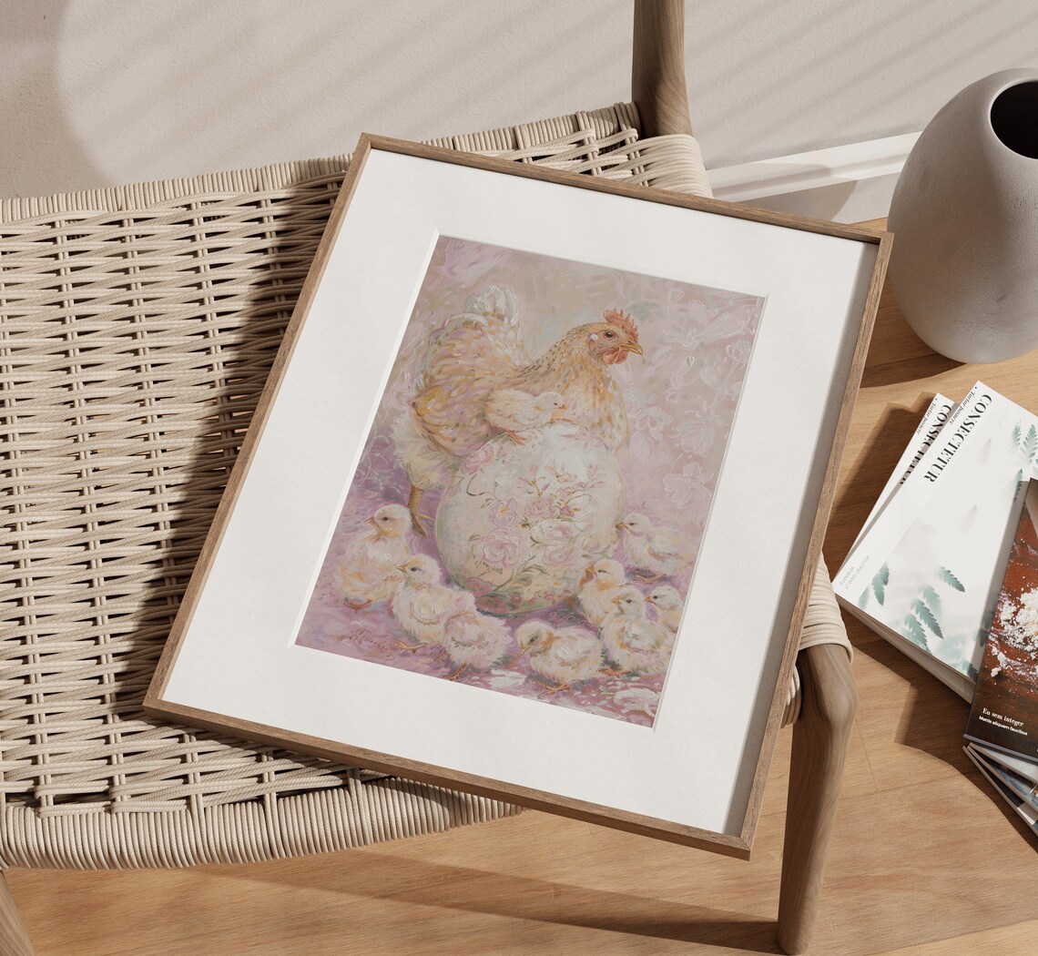 Hen with Baby Chicks and Floral Easter Egg Farmhouse Art Print