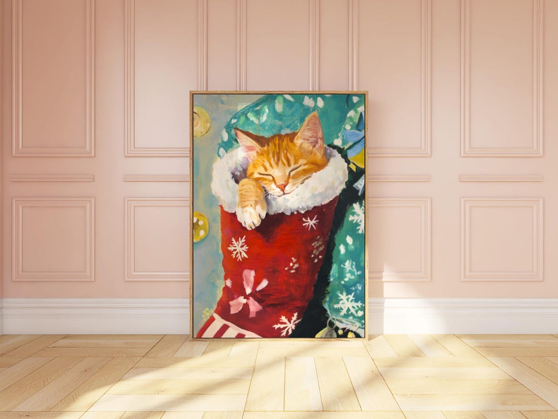 Sleeping Ginger Cat Red Christmas Stocking Cozy Holiday Poster
