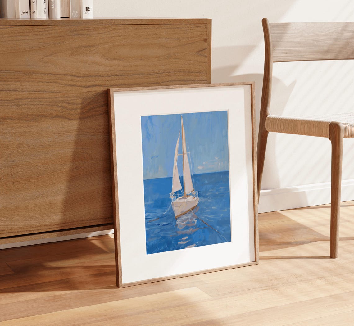 Painted White Sailboat On Open Blue Ocean Calm Waters Poster