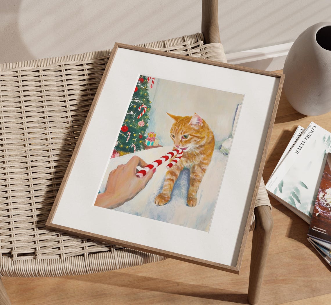 Ginger Tabby Cat Licking Candy Cane by the Christmas Tree Poster - Image 3