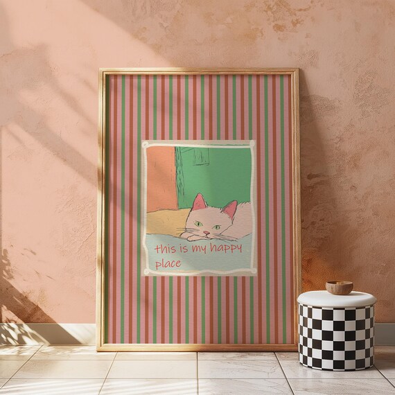This Is My Happy Place White Cat Sketch Quote Art Print Decor