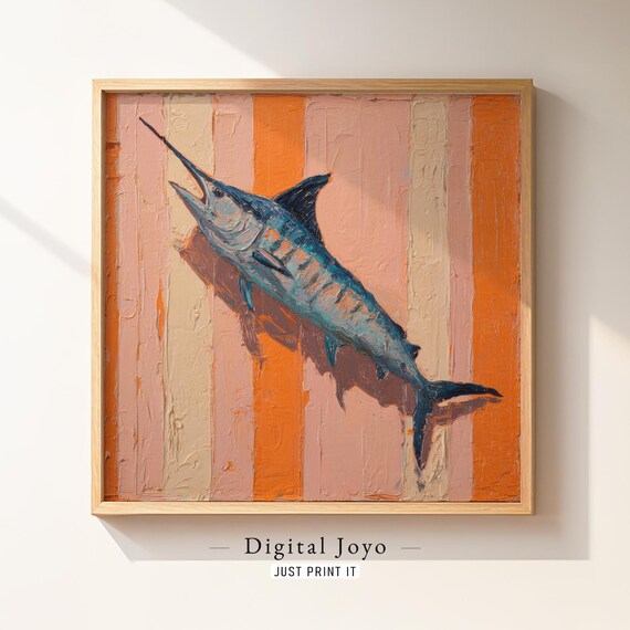 Swordfish Impasto Oil Painting Peach Tangerine Stripes Poster