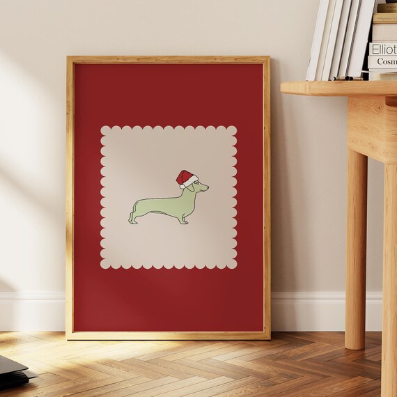 Sage Green Dachshund Santa Hat Cute Christmas Dog Decor Print