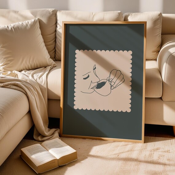 Dark Slate Coffee Line Art Minimalist Kitchen Wall Decor Print