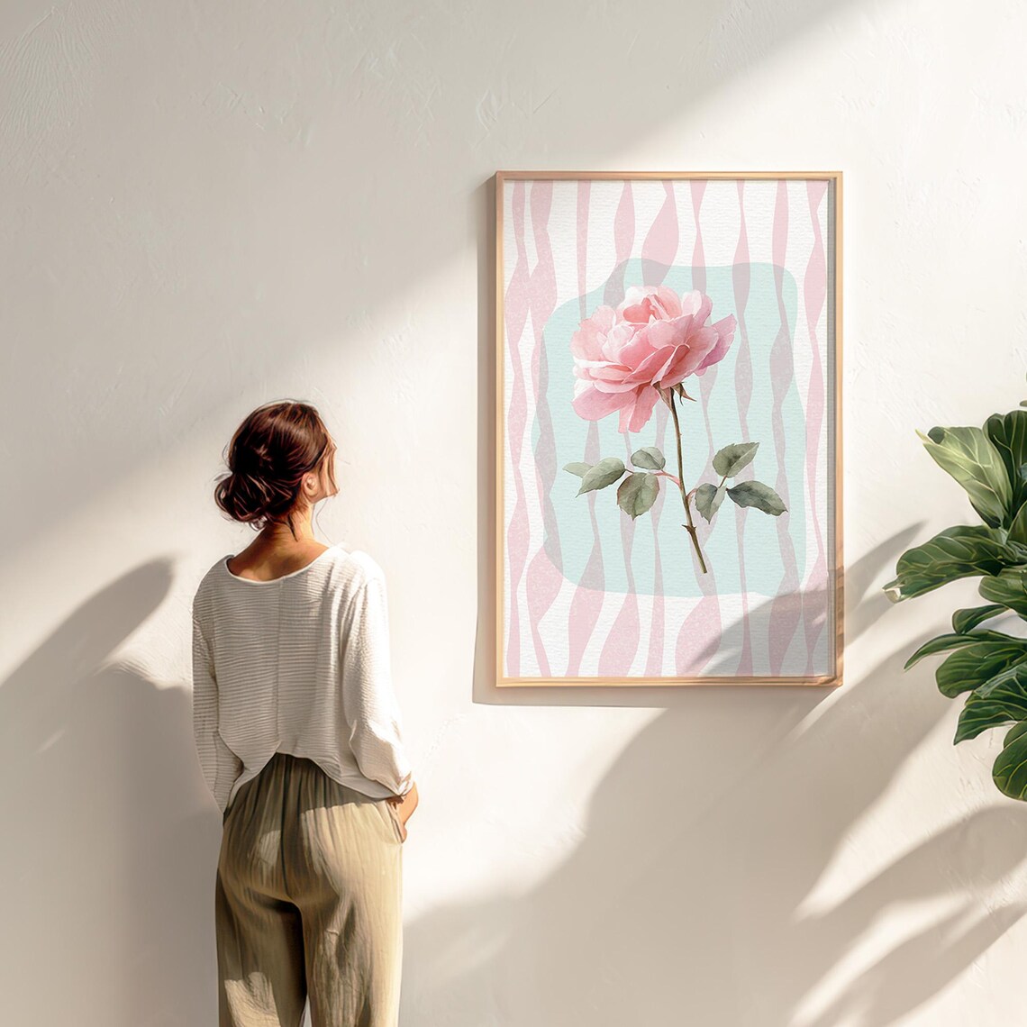 Blush Pink Rose Watercolor Pastel Waves Botanical Flower Art Print