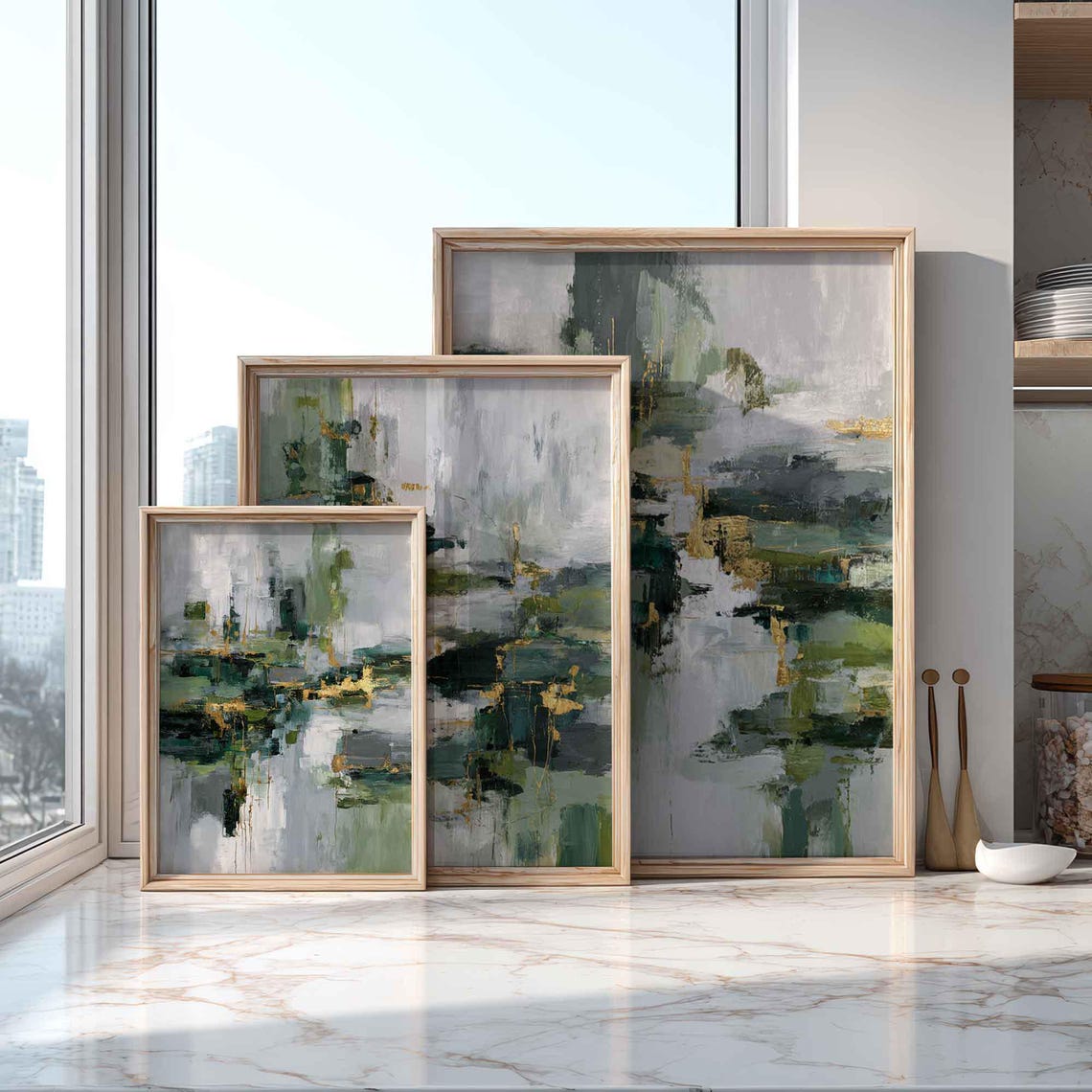 Emerald Gold Accent Abstract Trio Modern Brushstroke Gallery Poster