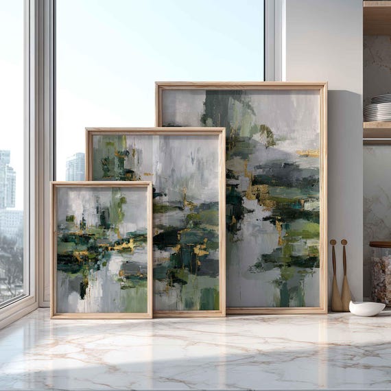 Emerald Gold Accent Abstract Print Set Art
