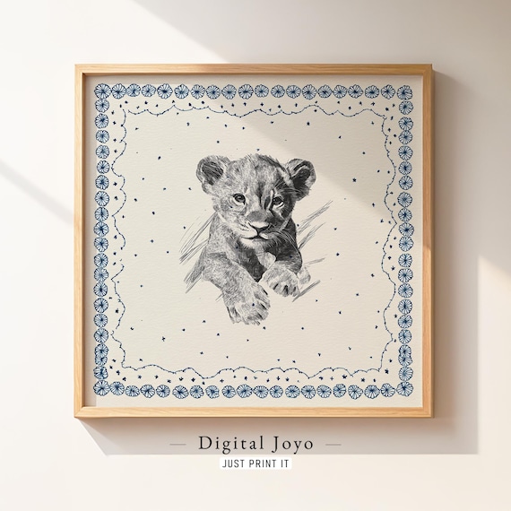 Lion Cub Sketch With Navy Floral Border