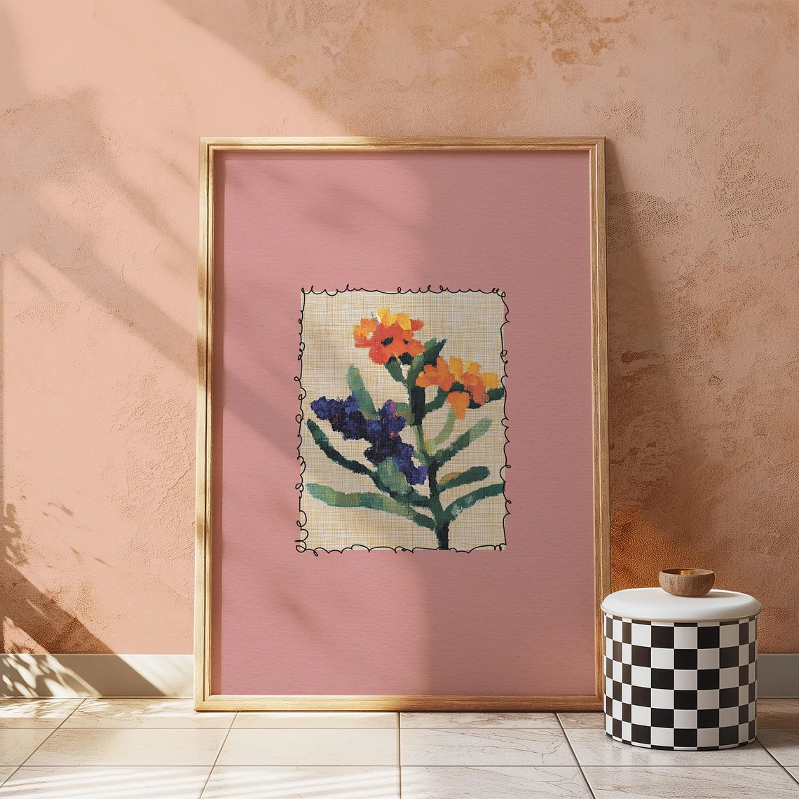 Orange and Purple Flowers Cross Stitch Style Minimalist Art Print