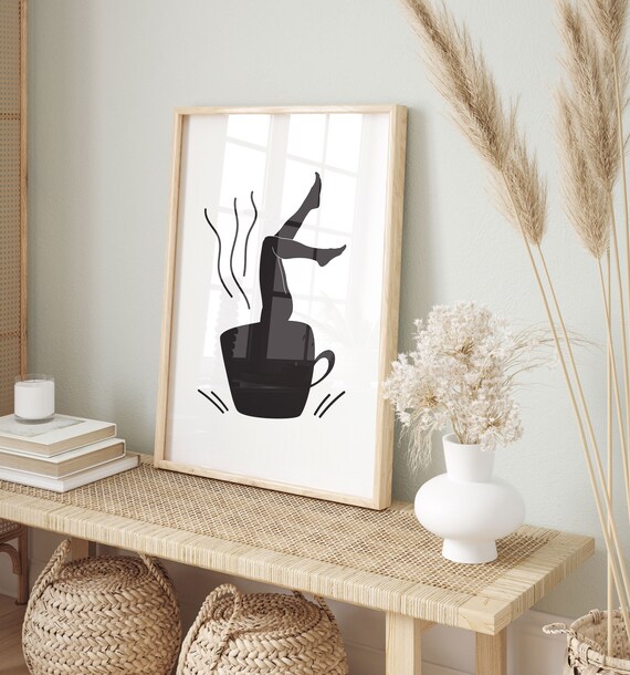 Funny Coffee Cup Diving Woman Minimalist Illustration Print Humor Decor