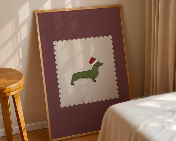 Plum Dachshund Santa Hat Minimalist Christmas Holiday Dog Decor Print