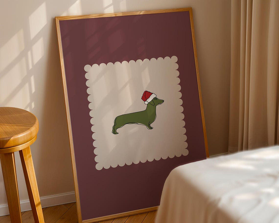 Plum Dachshund Santa Hat Minimalist Christmas Holiday Dog Decor Print