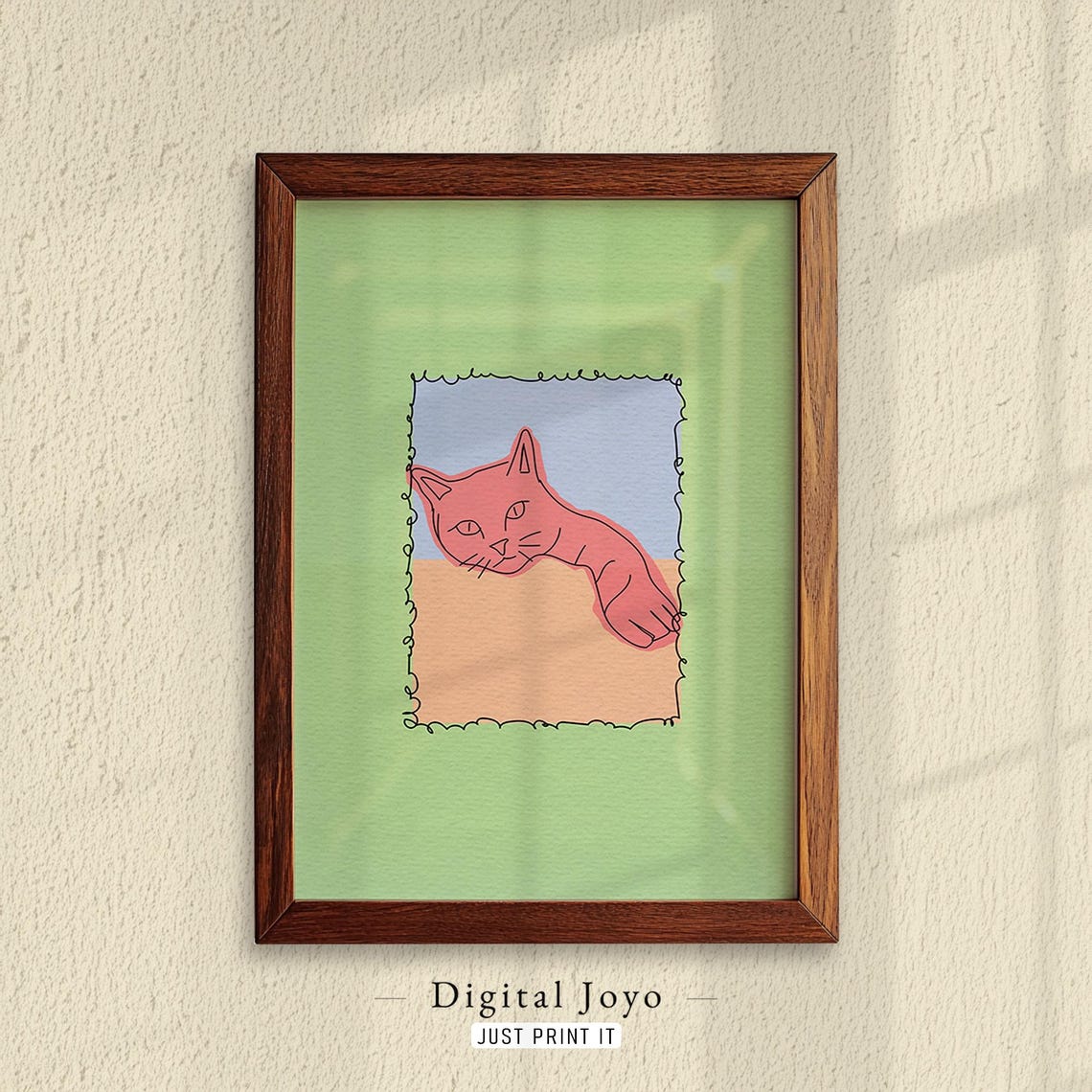 Minimalist Cat Line Art Print Coral Cat Stretching Modern Decor
