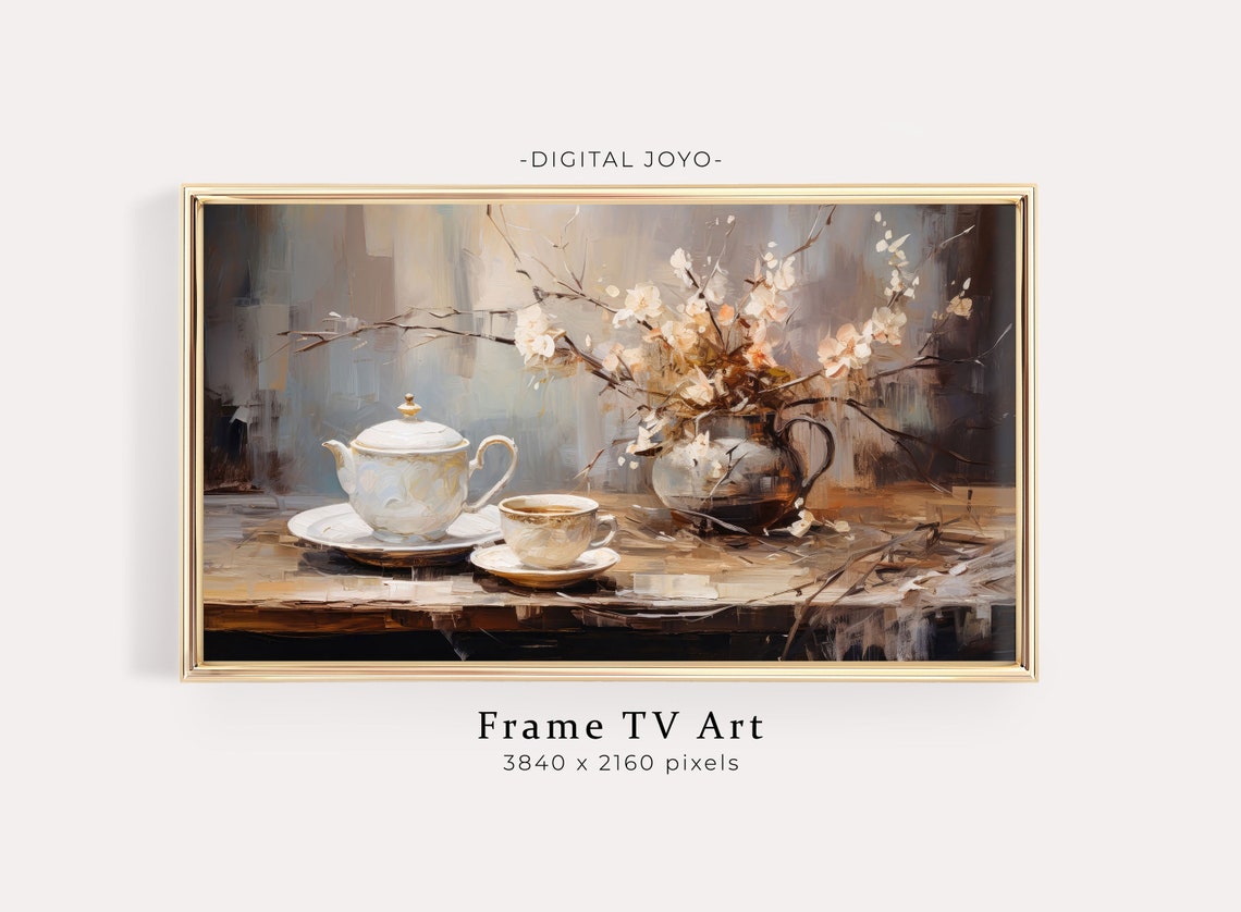 Coffee Tea Still Life White Teapot Cherry Blossom Painting Poster