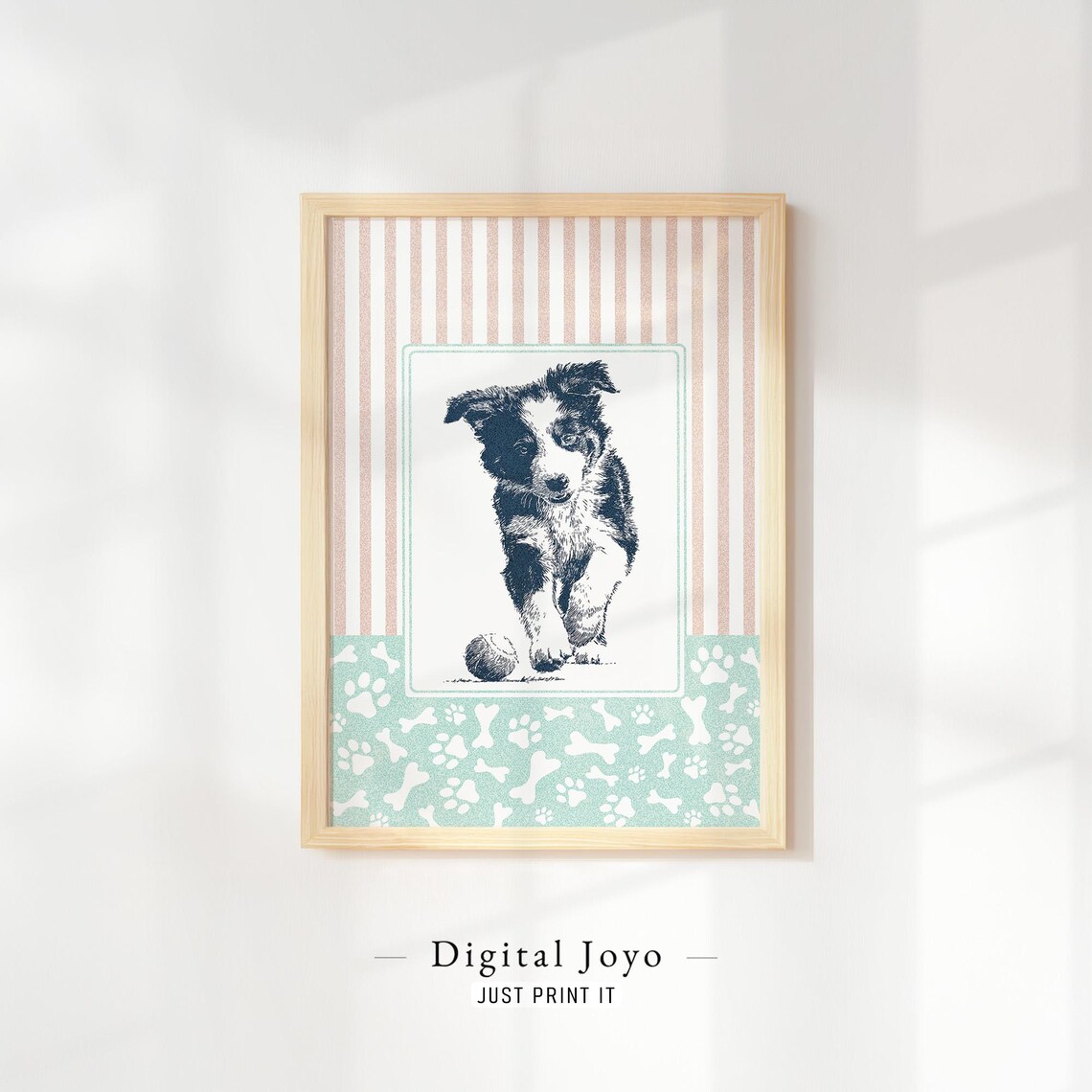 Joyful Australian Shepherd Puppy Sketch With Ball Nursery Wall Art