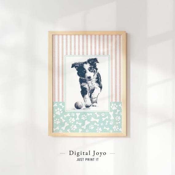 Joyful Australian Shepherd Puppy Print Colorful Pet Portrait Art For Nursery Or Farmhouse Decor