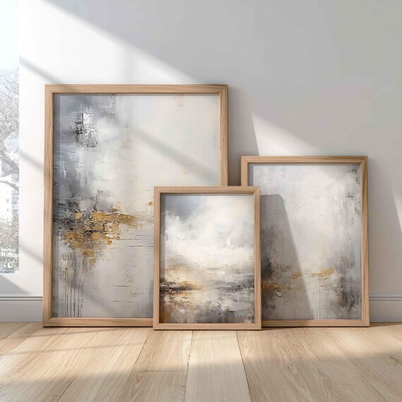 Set Of 3 Gold Accent Abstract Neutral Textured Wall Art Trio Digitaldownload
