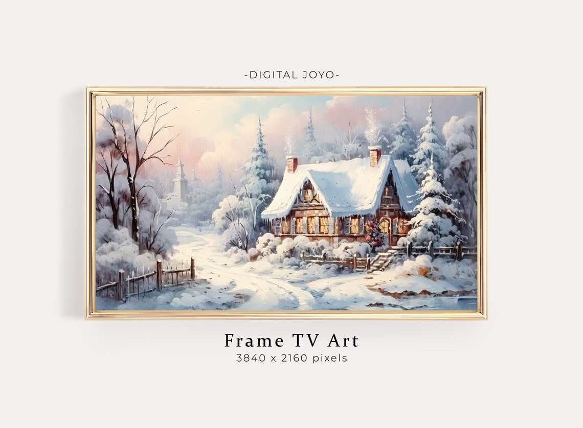 Cozy Snowy Winter Cabin Christmas Cottage Scene Painting Poster