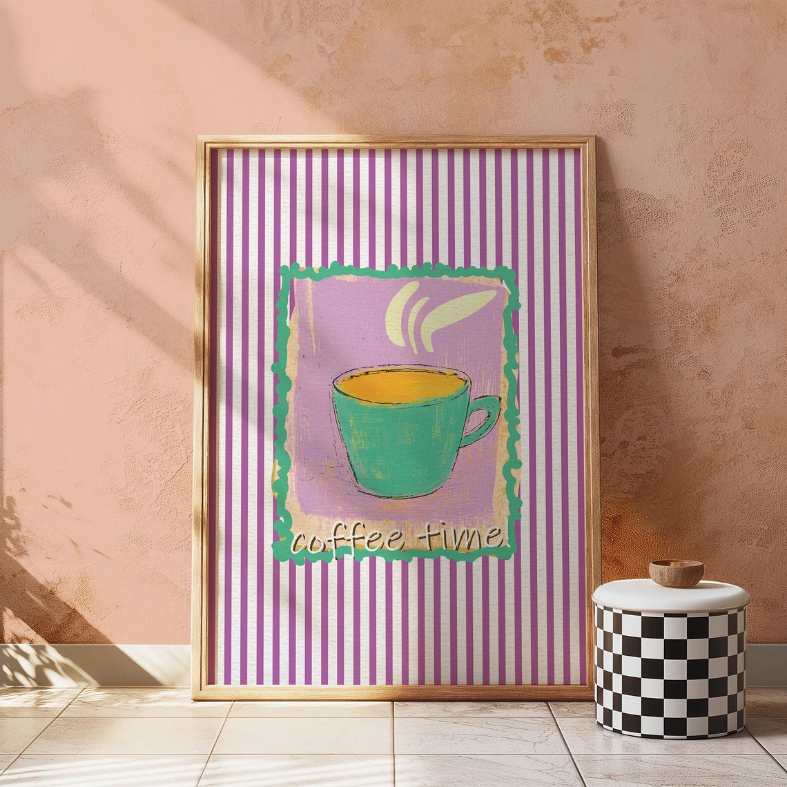 Coffee Time Teal Mug Steam Purple Stripes Retro Kitchen Poster