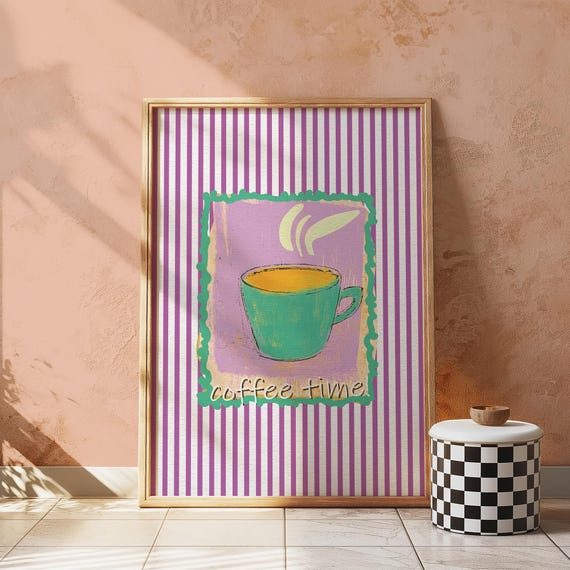 Coffee Time Art Print Teal Mug On Purple Stripes