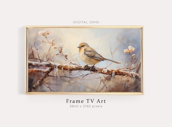 Winter Bird Perched On Snowy Branch Floral Painting Art Print