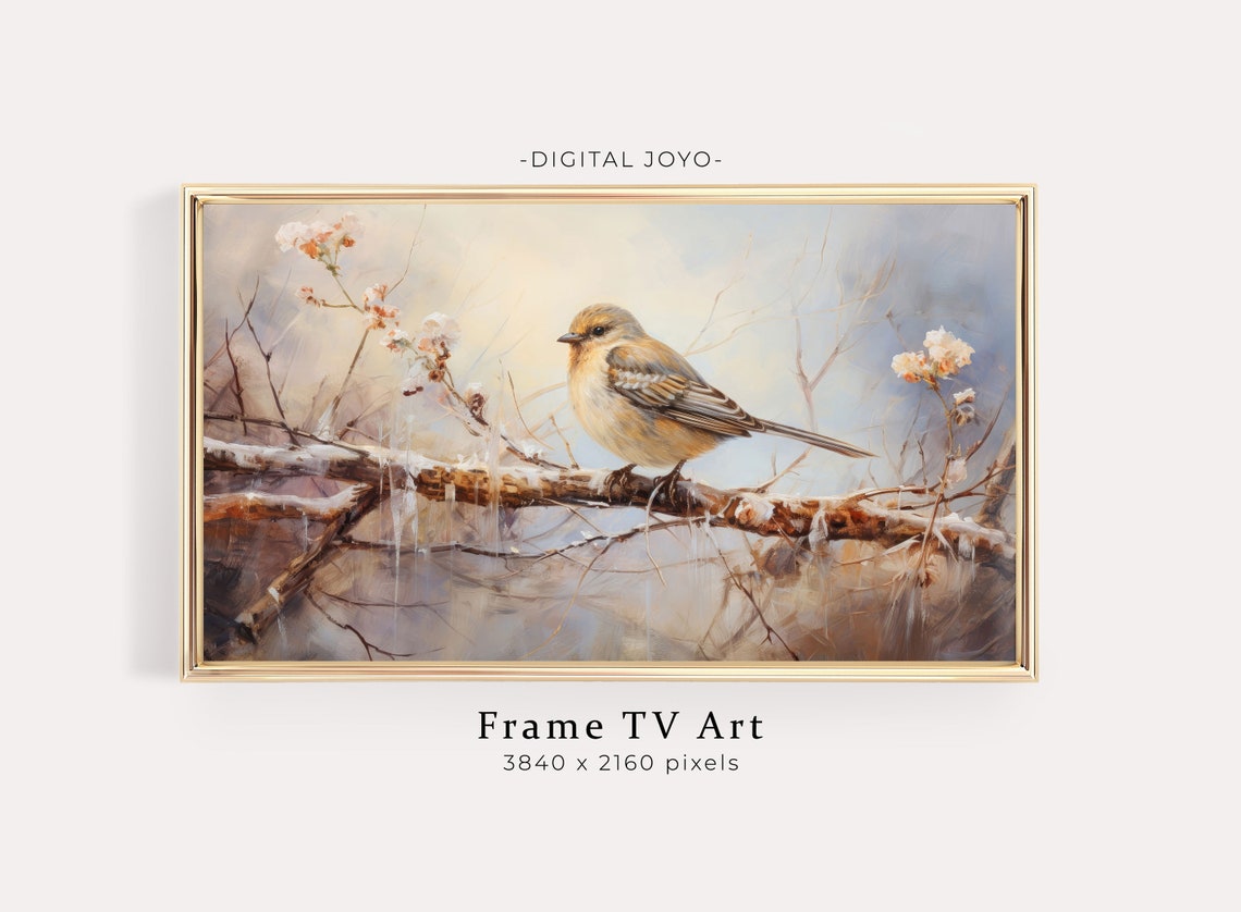 Winter Bird Perched On Snowy Branch Floral Painting Art Print