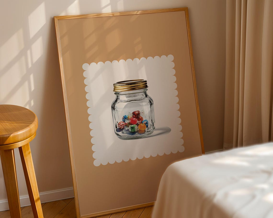 Caramel Candy Jar with Colorful Wrapped Candies Kitchen Poster