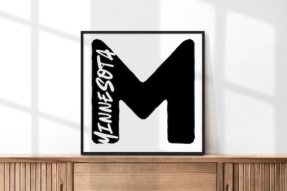 Minnesota Letter M Typography Poster Minimalist Black White State Wall Decor