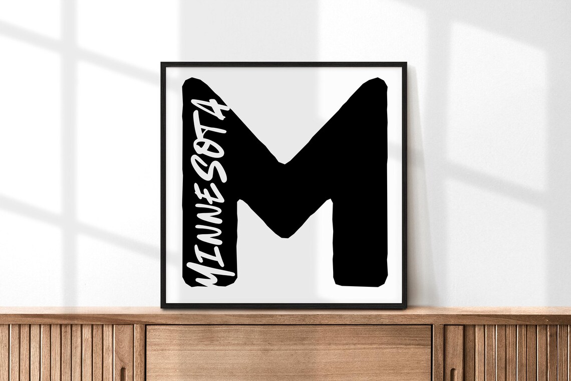 Minnesota Letter M Typography Poster Minimalist Black White State Wall Decor