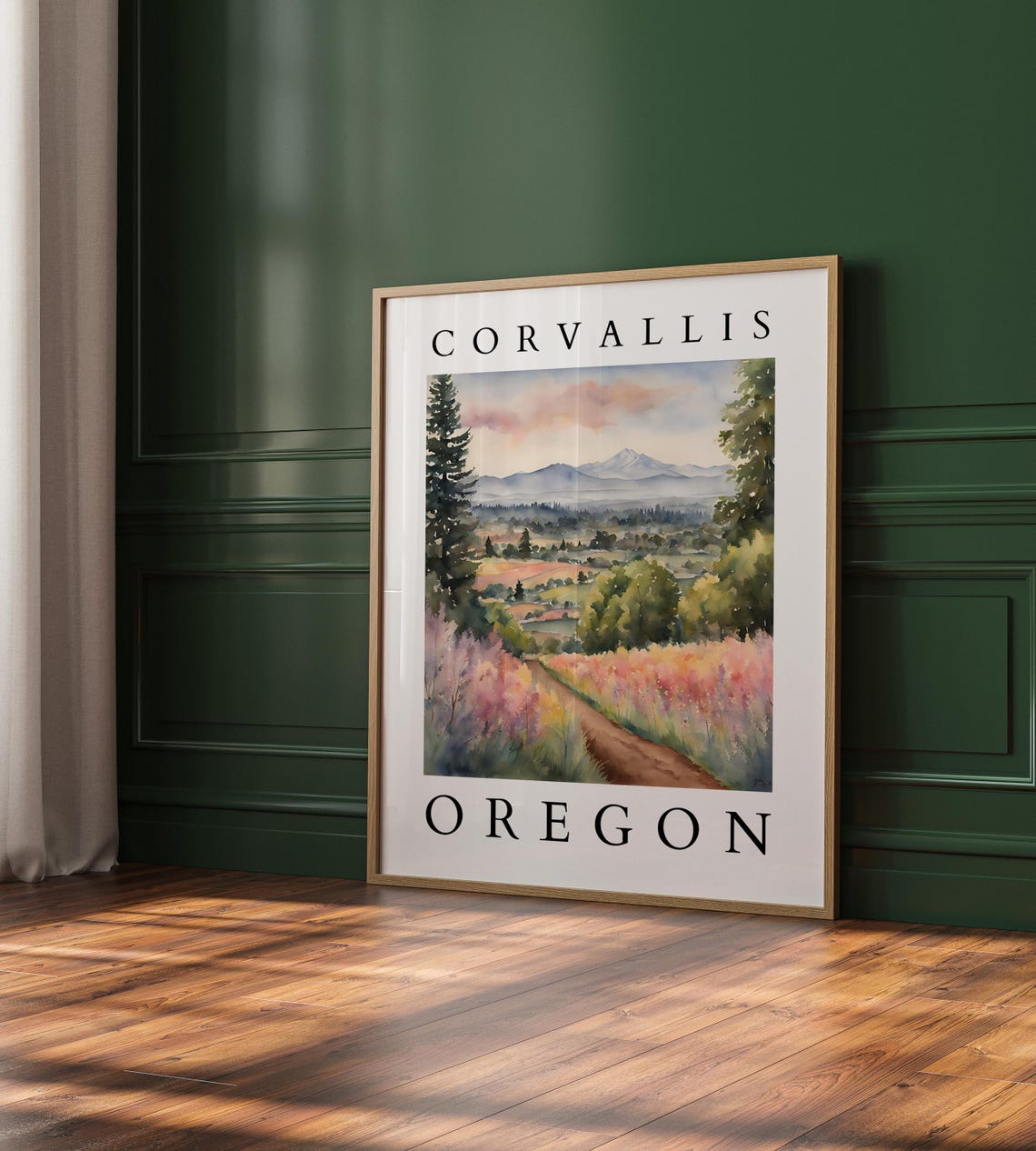 Corvallis Oregon Mountain Wildflower Path Watercolor Landscape Poster