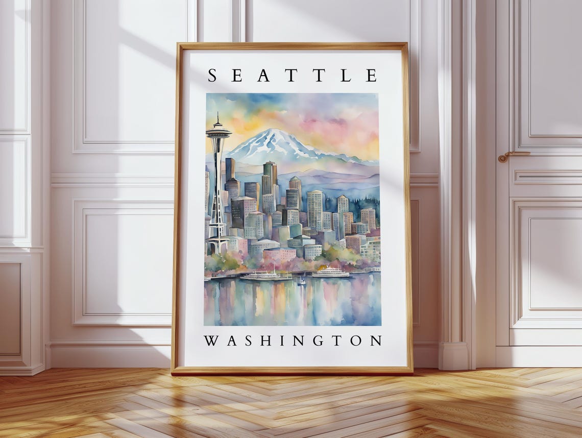 Seattle Washington Watercolor Skyline Art Space Needle Wall Decor Pacific Northwest