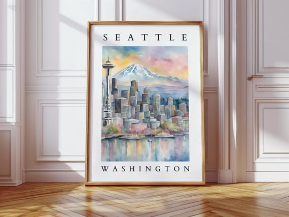 Seattle Washington Watercolor Skyline Art Space Needle Wall Decor Pacific Northwest