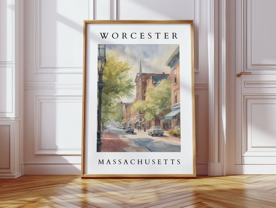 Worcester Massachusetts Watercolor Historic Cityscape Wall Art For Home Decor